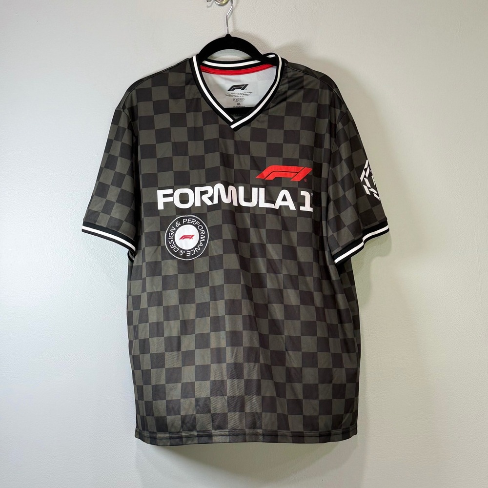 Formula 1‎ F1 Racing Jersey Mens XL Grey Checkered Hybrid Apparel V-Neck Shirt